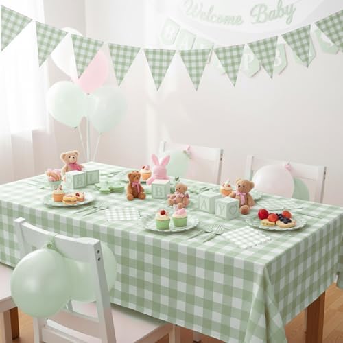 102 PCS Sage Green Gingham Party Supplies - Scalloped Plates, Napkins, Forks, Banner, Gingham Tablecloth for Baby Shower, Wedding, Birthday, Serves 25 - Image 5