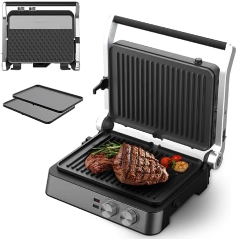 Panini Press,4 Slices Contact Grill with Removable Non-Stick Coated Grill and Flat Plates,Panini Makers with Temperature Control and Timer,Open 180 Degrees,Grill and Griddle (Half black with sus) by HOME