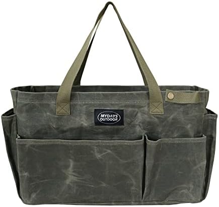 Portable Garden Camping Tool Storage Bag,Waxed Canvas Firewood Carrier Tote bag,Collapsible Sturdy Garden Basket Great for Women, Gardener, Electrician, Repairer(Army Green) by MYDAYSOUTDOOR