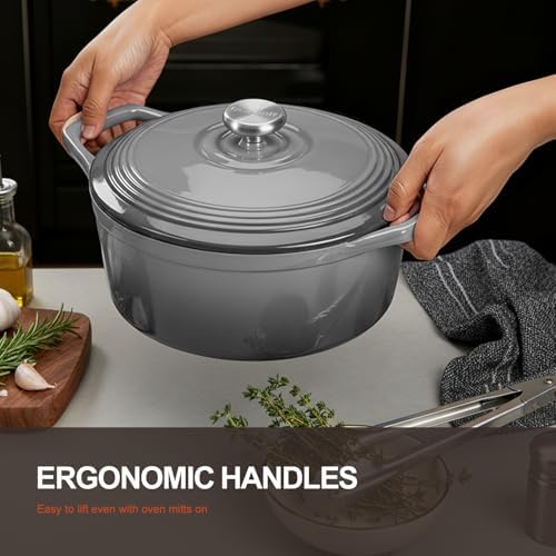 Overmont Enameled Cast Iron Dutch Oven - 5.5QT Pot with Lid Cookbook, Grey - Image 3
