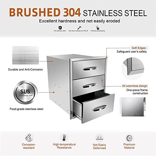 Outdoor Kitchen Drawers Stainless Steel 3-Drawer BBQ Drawer Enclosed Built-in Drawer Flush Mount For Outdoor Kitchens & BBQ Islands,18Wx23Dx23H-3L - Image 3