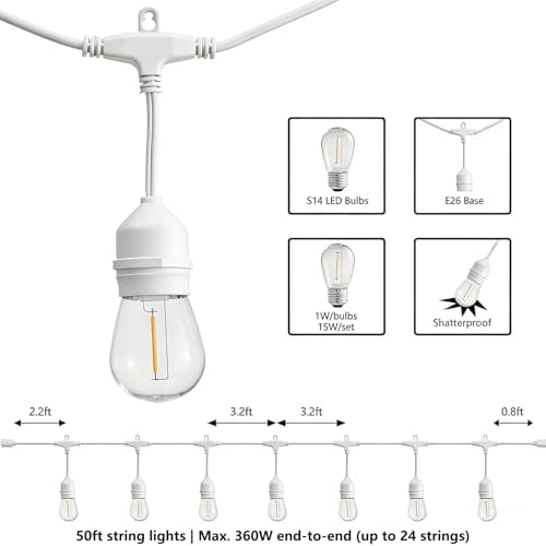 SUNTHIN 50FT White Outdoor String Lights with 16 1W LED Bulbs - Image 2