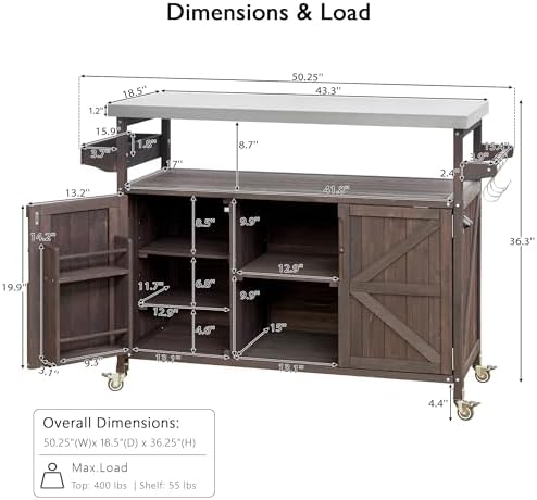 Merax Outdoor Kitchen Island, Rolling Bar Cart & Storage Cabinet, Farmhouse Solid Wood Outdoor Grill Table with Stainless Steel Top, Spice Rack, Towel Rack for Kitchen & Barbecue, Dark Brown - Image 2