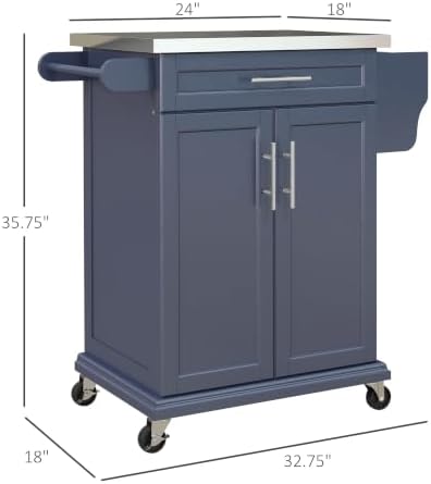 HOMCOM Kitchen Island on Wheels with Stainless Steel Countertop Deep Blue - Image 7