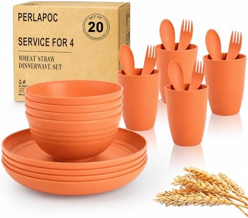 Kids Wheat Straw Dinnerware Sets for 4, 20 Piece Unbreakable Dinnerware Set, Plates and Bowls Sets, Kitchen Plates and Bowls Set, Lightweight Dish Set for Picnic, Camping, and Daily - Orange by Perlapoc