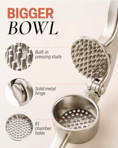 Zulay Kitchen Metal Large Garlic Press, Garlic Mincer, Peeler-Brush, Silver - Image 3
