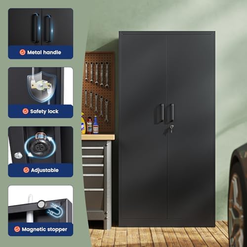 Yizosh Metal Storage Cabinet with Lock - 72" Garage Storage Cabinet with 2 Locking Doors and 5 Adjustable Shelves, Black Steel Lockable for Office,Home,Garage - Image 4
