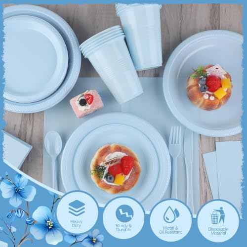 Kochorie 240 Pieces Light Blue Plastic Dinnerware Set Disposable Heavy Duty Plates Napkins Cups Silverware Dessert Dinner Plates for Birthday Wedding Baby Shower Party Supplies, Serves 30 Guests - Image 3