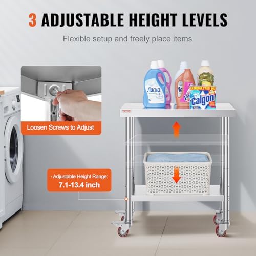 VEVOR Stainless Steel Work Table 30 x 12 x 34 Inch, 700 LBS Load Capacity with 4 Wheels, 3 Adjustable Height Levels, Heavy Duty Food Prep Worktable for Commercial Kitchen Restaurant, Silver - Image 5