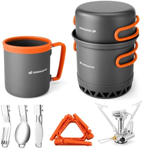 Odoland Camping Pots with Heat Exchanger Camping Cooking Set with Portable Camping Stove Camping Mess Kit Include Mug, Folding Utensil Set, Canister Stabilizer for Backpacking Outdoor Hiking & Picnic by Odoland