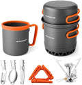 Odoland Camping Pots with Heat Exchanger Camping Cooking Set with Portable Camping Stove Camping Mess Kit Include Mug, Folding Utensil Set, Canister Stabilizer for Backpacking Outdoor Hiking & Picnic by Odoland