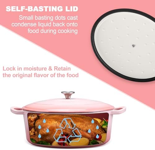 E-far 7QT Oval Dutch Oven Pot with Lid, Pink Enameled Cast Iron Dutch Oven - Image 6