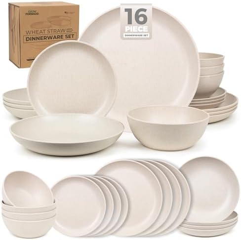 Grow Forward 16-piece Premium Wheat Straw Dinnerware Sets for 4 - Unbreakable Dishwasher & Microwave Safe Plastic Plates and Bowls Sets - Patio, Outdoors, RV, Camping Dishes - Sahara by GrowForward