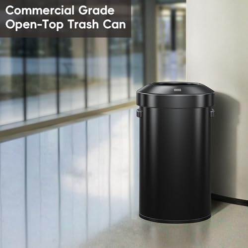 EKO 16-Gallon Round Black Stainless Steel Open Top Trash Can, Large Commercial Waste Bin with Detachable Lid and Carrying Handle, Brushed Metal Garbage Bin for Home, Office, Restaurant, Restroom - Image 2