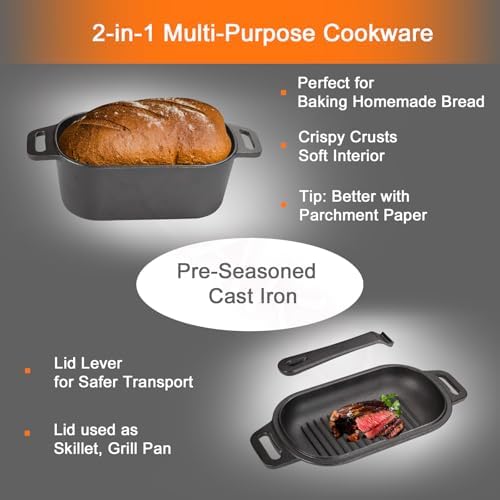 2-in-1 Pre-Seasoned Cast Iron Dutch Oven Pot with Lid as Skillet, Grill Pan, with Lid Lever, Dual Loop Handles, Oval Heavy Dutch Oven for Bread Baking, Frying, Camping, BBQ, 3.8 QT Black - Image 4