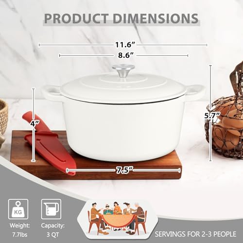 3 Qt Enameled Cast Iron Dutch Oven with Lid, E-far Small Round Nonstick Dutch Oven Pot for Bread Baking Braising Stews Roasting Cooking, Heavy Duty, Induction & Oven Safe - White - Image 2