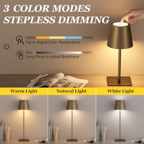 Kakanuo Brown Cordless Rechargeable Table Lamp 5000mAh Battery Operated Lamps, 3 Colors Stepless Dimming Touch Lamp for Living Room, Kitchen Counter, Dining, Outdoor Patio, 2 Pack - Image 3
