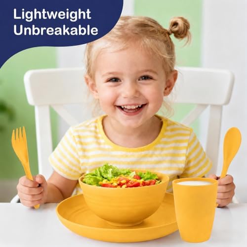 20 Piece Wheat Straw Dinnerware Sets for 4, Unbreakable Dish Set,Reuseable Kids Plates and Bowls Sets for 4, Lightweight Kitchen Dishware Set for Camping, Picnic, and Famliy Meal - Yellow - Image 4