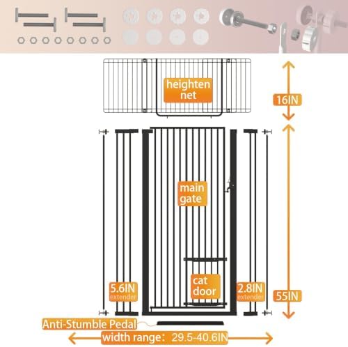 71" Extra Tall Cat Gate 29.5-40.6 Wide Pet gate for Doorway Pet Gate with Cat Doors NO Drilling Pressure Mount Kit for Cats and Dogs Indoor Doorways liveing Room Bedroom-Black - Image 5