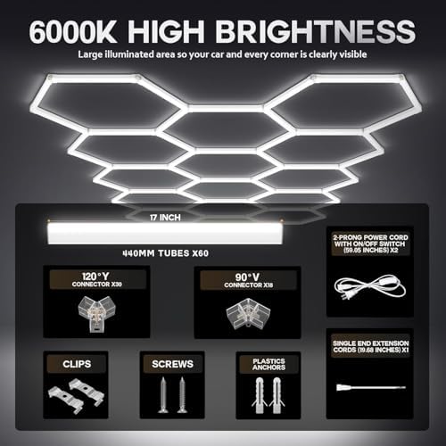 35Lights LED Hexagon Garage Lights,8-Hex Honeycomb Lights 38800Lumens Hexagon DIY Super Bright Car Detailing Ceiling 388W LED Shop Light for Warehouse Workshop Gym Basement - Image 6