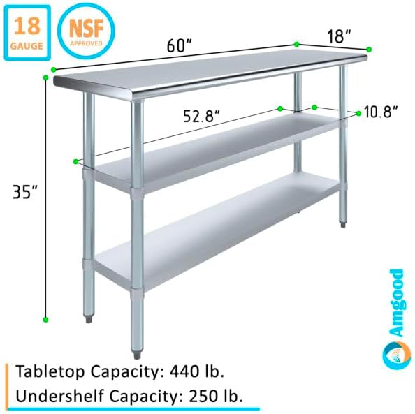 60" x 18" Stainless Steel Work Table with 2 Adjustable Undershelves NSF - Image 2