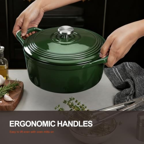 Overmont Enameled Cast Iron Dutch Oven - 5.5QT Pot with Lid Cookbook & Cotton Potholders - Heavy-Duty Cookware for Braising, Stews, Roasting, Bread Baking Bamboo Shadow - Image 3