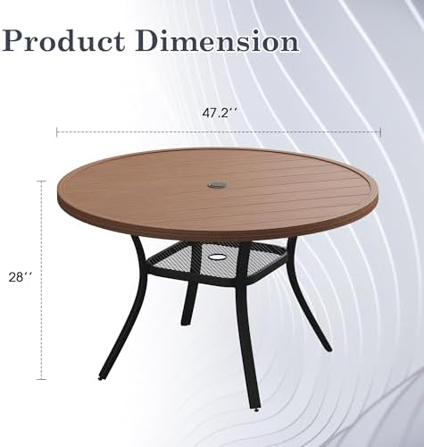 47.2" Patio Dining Table for 6, Round Outdoor Metal Dining Table with Umbrella Hole for Lawn Garden Backyard, Walnut - Image 2