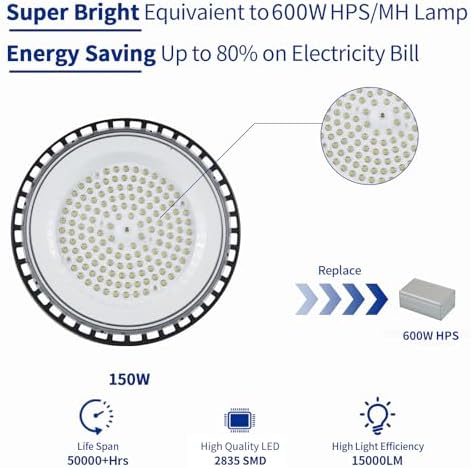 6 Pack UFO High Bay LED Shop Lights 150W, 15000 LM, 5000K, AC110-277V - Image 2