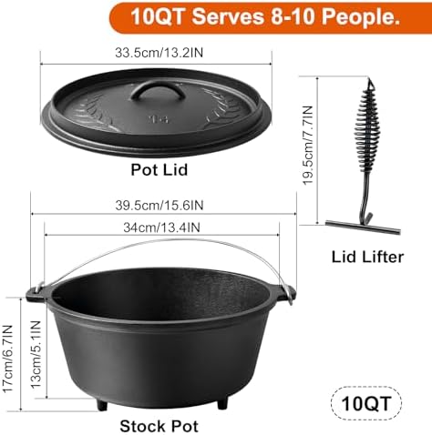 Pre-Seasoned 10QT Large Cast Iron Camping Dutch Oven Pot with Lid - Image 2