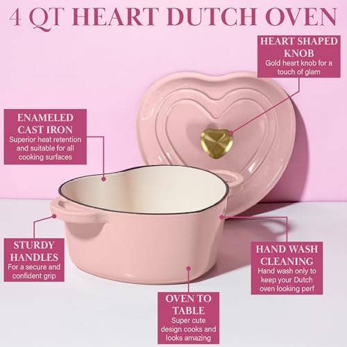 Paris Hilton Enameled Cast Iron Dutch Oven Pot with Lid, Heart-Shaped Dutch Oven, Durable Cast Iron Pot with Dual Handles, Oven Safe to 500°F, Works on All Stovetops, 4-Quart, Pink - Image 5
