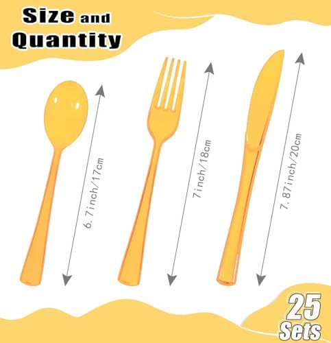 HEIPINIUYE 75 Pack Orange Clear Plastic Cutlery Heavy Duty Clear Fall Plastic Knives Forks and Spoons Disposable Silverware Set for 25 Guest Birthday Baby Shower Thanksgiving Party Utensil Set - Image 3