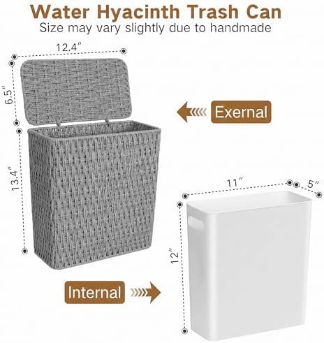 iEGrow Paper Rope Trash Can,Bathroom Trash Can with Lid, 3 Gallon Wicker Waste Basket with Removable Liner, for Bedroom, Living Room, Toilet, Under Sink Gray - Image 4