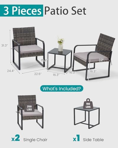 Bezseller 3-Piece Patio Furniture Set, Wicker Bistro Set, Grey - Image 6