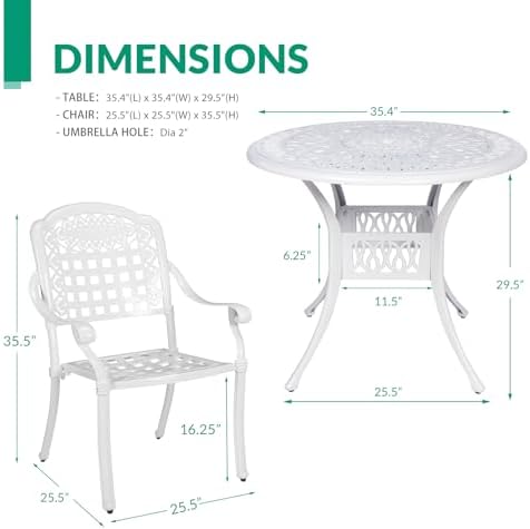 VIVIJASON 5-Piece Outdoor Patio Furniture Dining Set, All-Weather Cast Aluminum Conversation Set, Include 4 Chairs and 38.5" Round Table w/Umbrella Hole for Balcony, Lawn, Garden, Backyard, White - Image 6