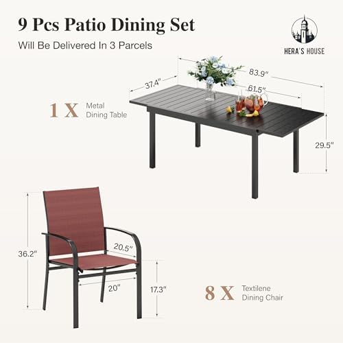 HERA'S HOUSE 9pc Patio Dining Set, Extendable Metal Table, Red Chairs - Image 2