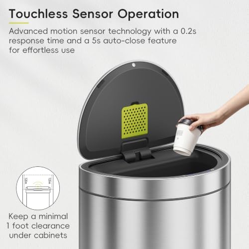 EKO Mirage Semi-Round Motion Sensor Trash Can or Recycling Bin, 47 Liter / 12.4 Gallon Automatic Large Kitchen Trash Can with Deodorizer Compartment, Removable Lid and Bucket, Matte Stainless Steel - Image 4