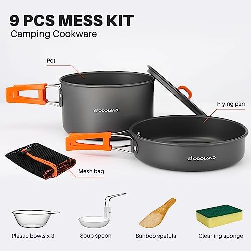 Odoland 9pcs Camping Cookware Non-Stick Lightweight Pots and Pans Set with Plastic Bowls Soup Spoon for Backpacking, Outdoor Cooking and Picnic - Image 3