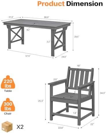 7 Pieces HDPE Outdoor Dining Set, Patio Dining Set with Umbrella Hole, All Weather Outdoor Dining Table Sets for 6, HDPE Patio Furniture Sets for Deck, Backyard, Lawn, and Poolside, Smoke Gray - Image 3