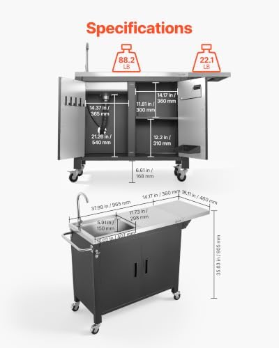 VEVOR Outdoor Grill Cart with Sink and Storage Cabinet, 52 Inch Grill Table, Waterproof Kitchen Island with Stainless Steel Top, Spice Rack, Wheel, Movable Food Prep Station for Patio Bar Backyard BBQ - Image 2