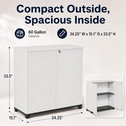 ADDOK Outdoor Storage Cabinet, 60 Gallon Waterproof Resin Patio Storage Cabinet with Double Doors, Weather-Resistant Organizer for Garden Tools/Home/Toys/Porch - Image 2
