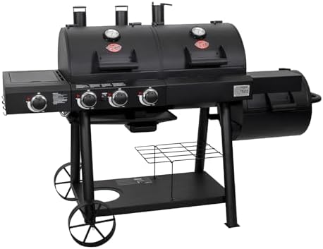Char-Griller® Texas Trio 3-Burner Gas & Charcoal Grill and Smoker, Push Button to Ignite, Dual temperature Guages, Side Burner, Includes Side Firebox, 1,390 Cooking Square Inches, Black, Model# 3070 - Image 2