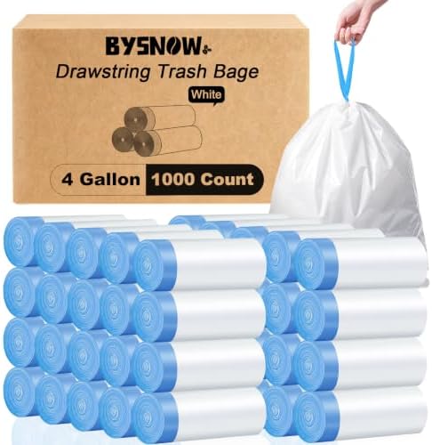 BYSNOW 4 Gallon 1000 Counts Small Drawstring Trash Bags, Clear Garbage Bags by BYSNOW