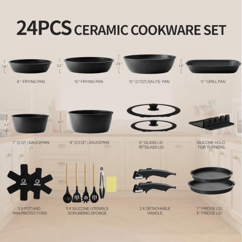 BECIGAR 24pcs Ceramic Pots and Pans Set, Nonstick Detachable Handle Cookware, Induction Kitchen Cooking Set with Removable Handle,include Frying Pans & Saucepans Oven Safe (Black) - Image 2