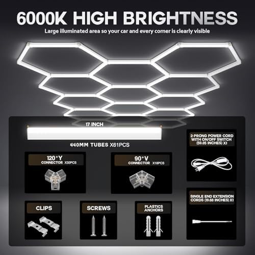 61Lights LED Hexagon Garage Lights,15-Hex Honeycomb Lights 68800Lumens Hexagon DIY Super Bright Car Detailing Ceiling 688W LED Shop Light for Warehouse Workshop Gym Basement - Image 6