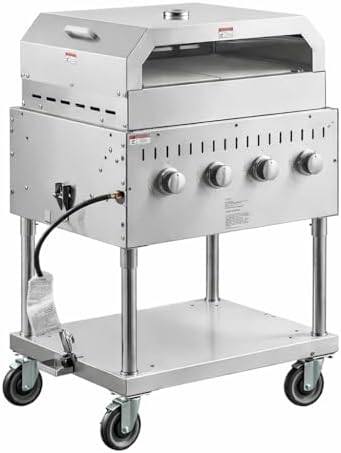 Commercial Stainless Steel Outdoor Liquid Propane Grill with Pizza Oven Attachment, 30" Cooking Surface, 4 Burners, 64,000 BTU, for Restaurant Patio, Resort, Catering, Outdoor Kitchen, Hotel by Krollen+Industrial