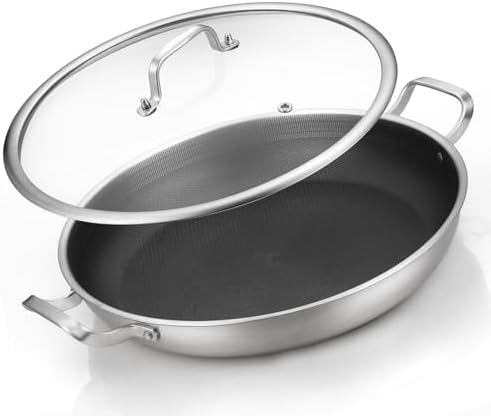 Yeksum Tri-Ply Stainless Steel Paella Pan Large Saute Pan with Lid (Stainless Steel, Hybrid 12INCH) by YEKSUM