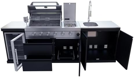 98-Inch 4-Burner Propane Gas Outdoor Kitchen Grill Island - 72000 BTU Stainless Steel BBQ, Refrigerator, Rotisserie, Stainless Countertops, Patio, Lawn, Backyard, Black - Image 6