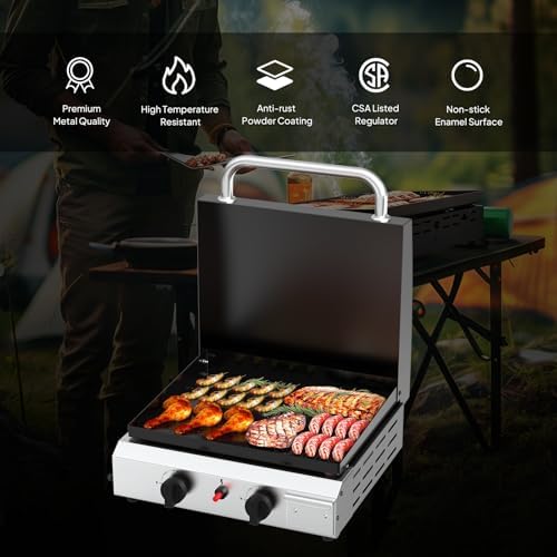 Bonnlo 2 Burner Portable Propane Griddle with Lid, 20000BTU Tabletop Flat Gas Grill with Ignition and Oil Collector, Camping Griddle for Outdoor Cooking Patio Backyard Sandbeach BBQ Party - Image 5