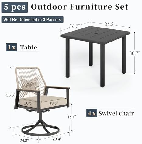 SUNSHINE VALLEY 5pc Patio Dining Set, 34.2" Square Table & 4 Swivel Chairs - Image 5