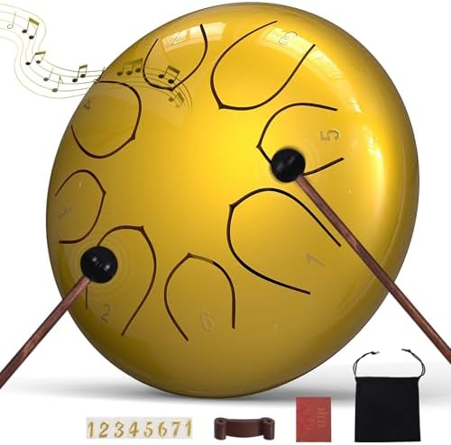 Rain Drum for Outside Garden, 6 Inches 8 Notes Steel Tongue Drums, Waterproof Meditation Rain Chime, Musical Instruments for Adult Gift with Bag, Music Book, Mallets (Gold) by INNOWARMER